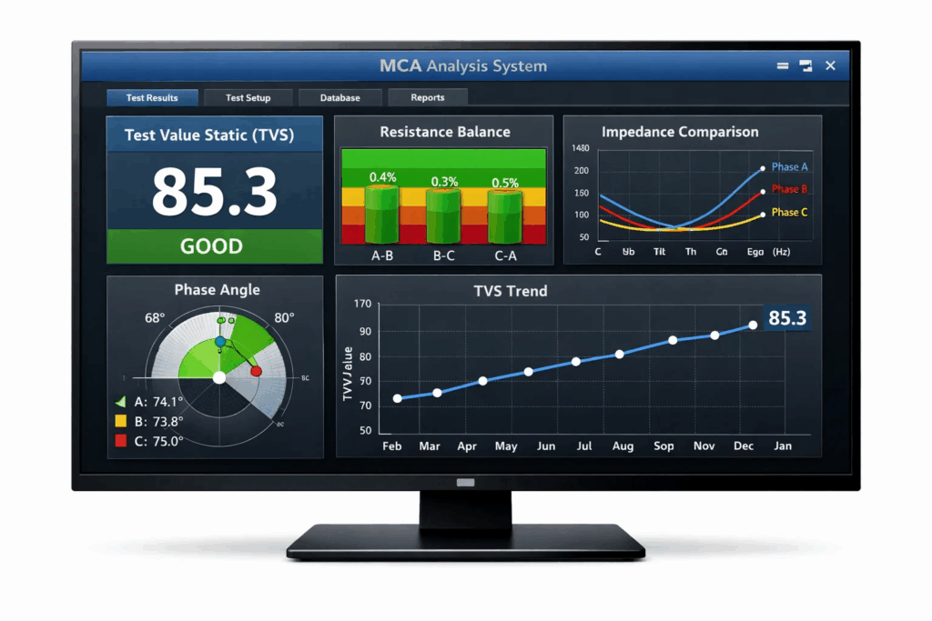 MCA test results interpretation screen showing TVS and phase balance