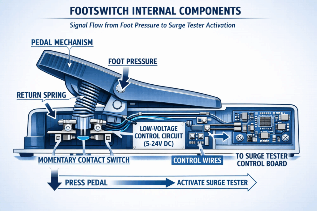 Technical diagram showing footswitch internal mechanism and electrical circuit
