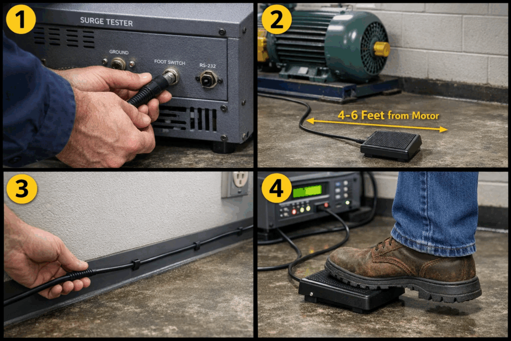 Four-step footswitch setup procedure for surge testing equipment