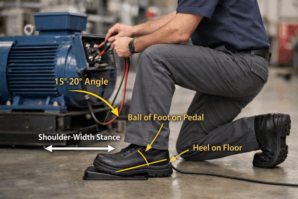 Proper footswitch operation technique showing correct stance and foot positioning