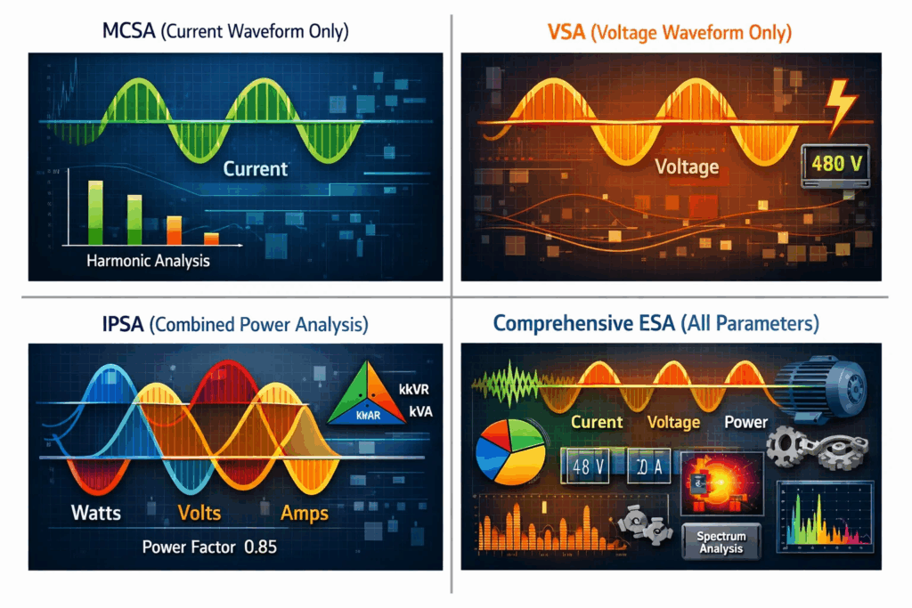 Four types of electrical signature analysis techniques comparing monitoring methods