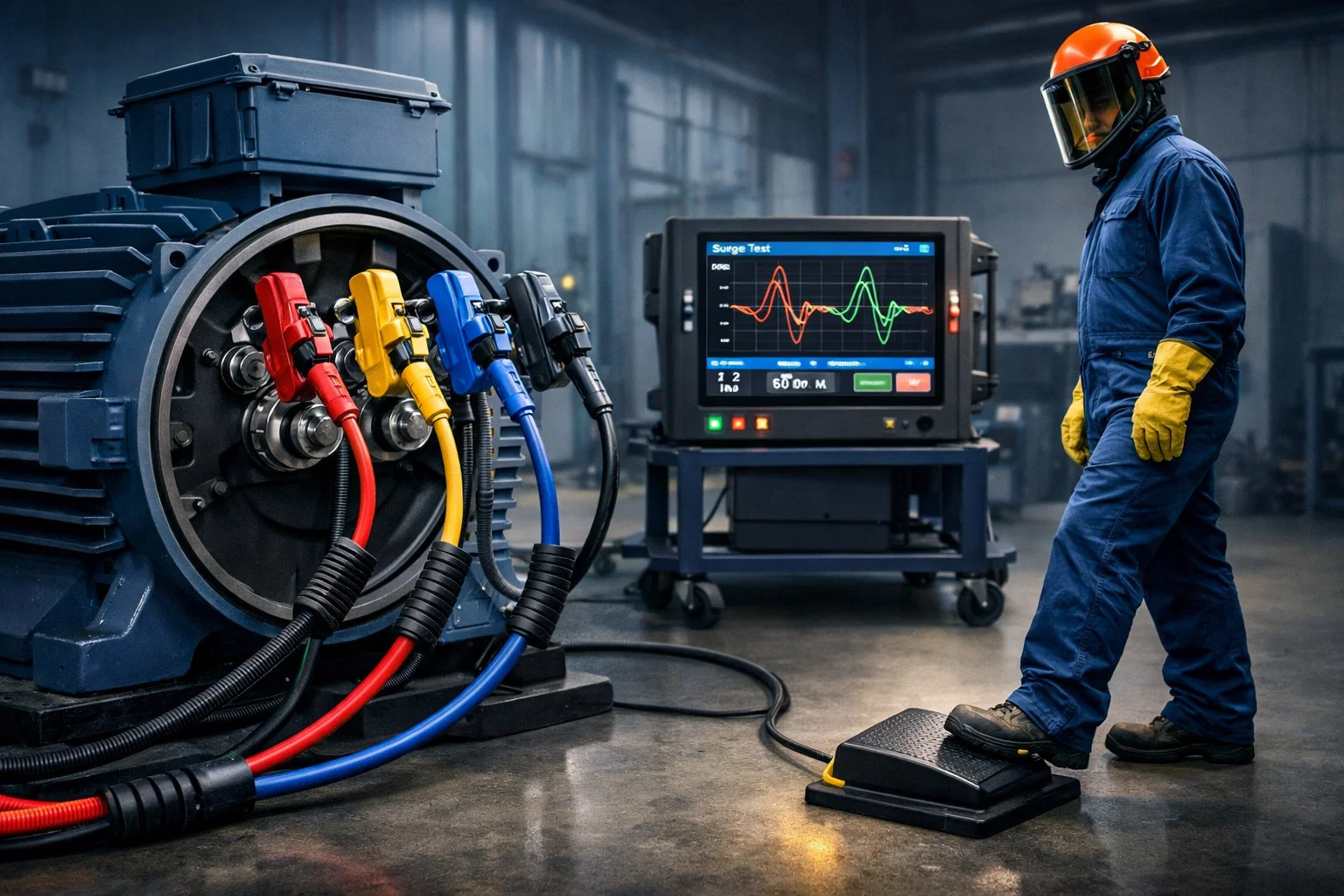Hands-free surge testing with footswitch control while technician positions test leads