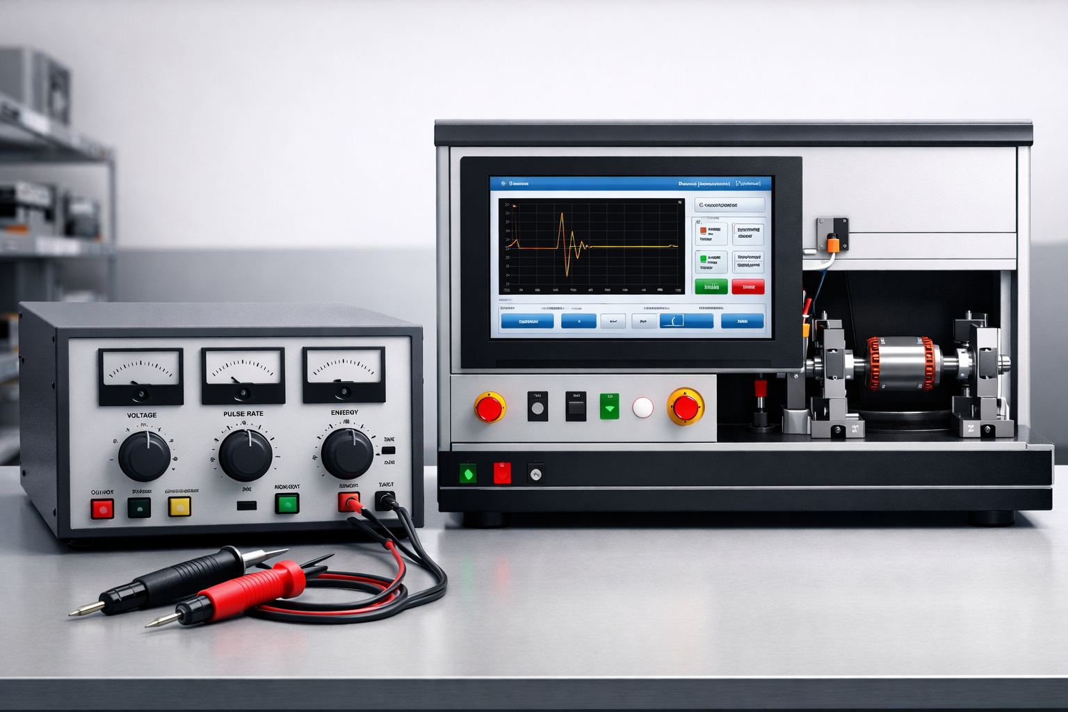 Manual vs automatic surge tester comparison showing technician-operated unit and fully automated motor testing system in industrial lab