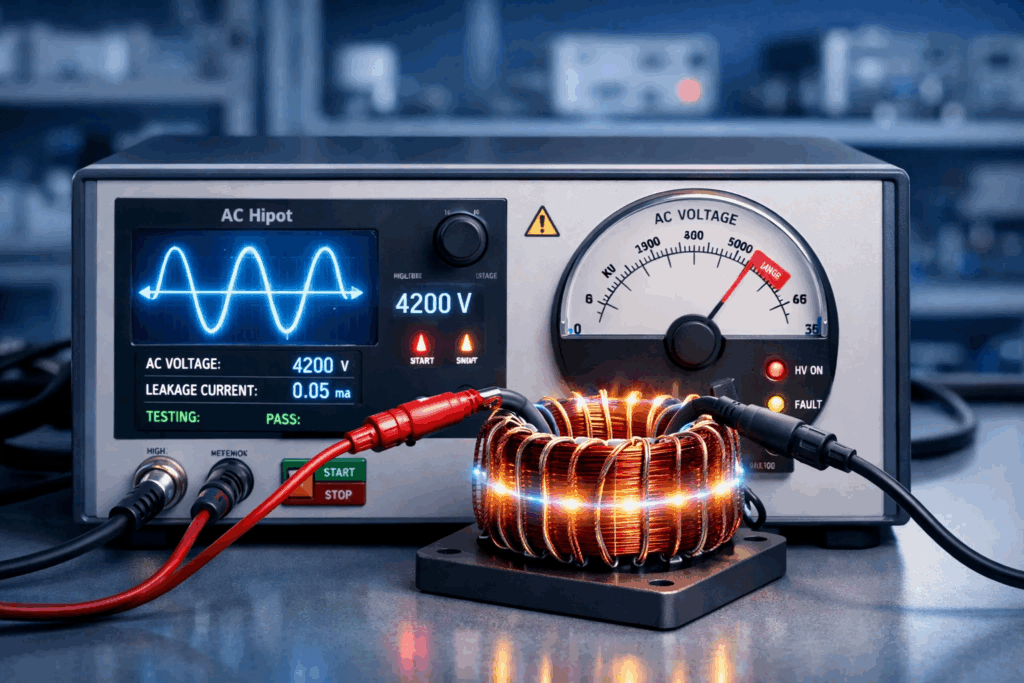 AC Hipot testing process — AC Hipot tester with sinusoidal waveform on display connected to motor winding coil in electrical testing laboratory