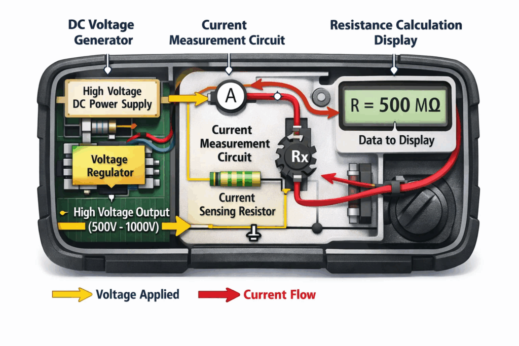 Diagram showing internal components of a Megger insulation tester with DC generator, current circuit, and resistance display.