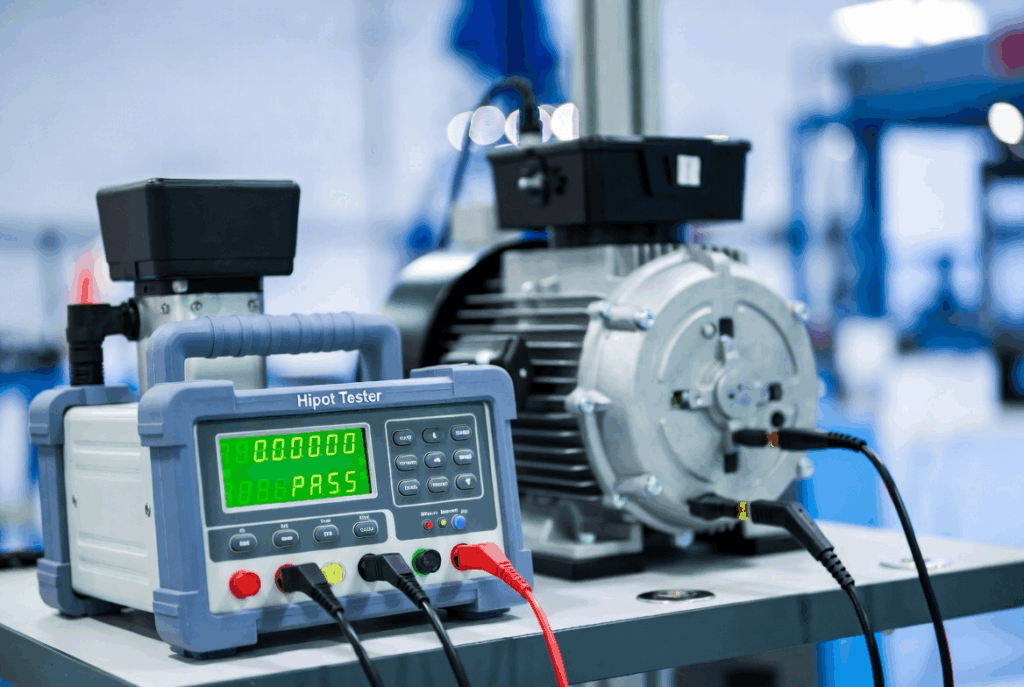 What is Hipot testing — Hipot tester connected to an electric motor showing pass result on digital display