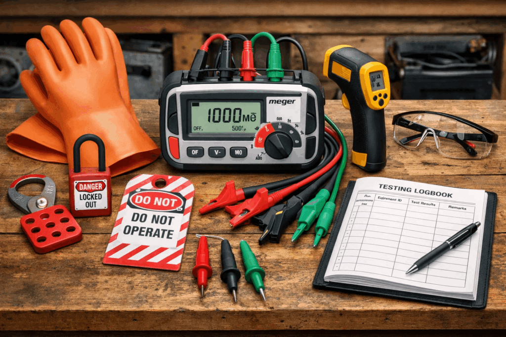 Complete Megger testing equipment kit showing insulation tester, safety equipment, and testing accessories for industrial electrical maintenance