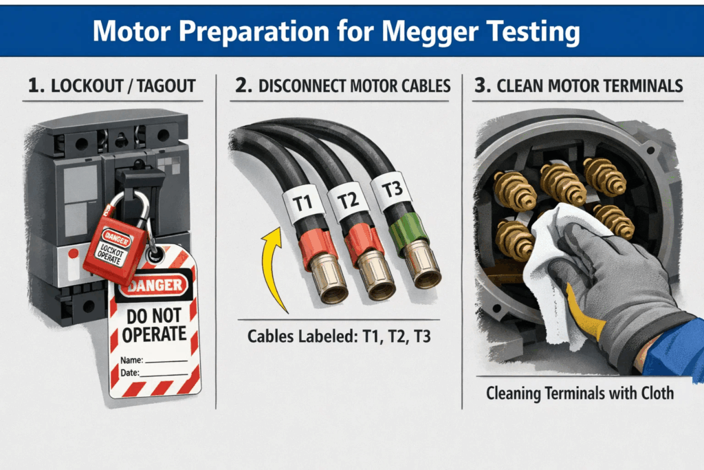Motor preparation steps for Megger testing showing lockout tagout procedure and terminal disconnection