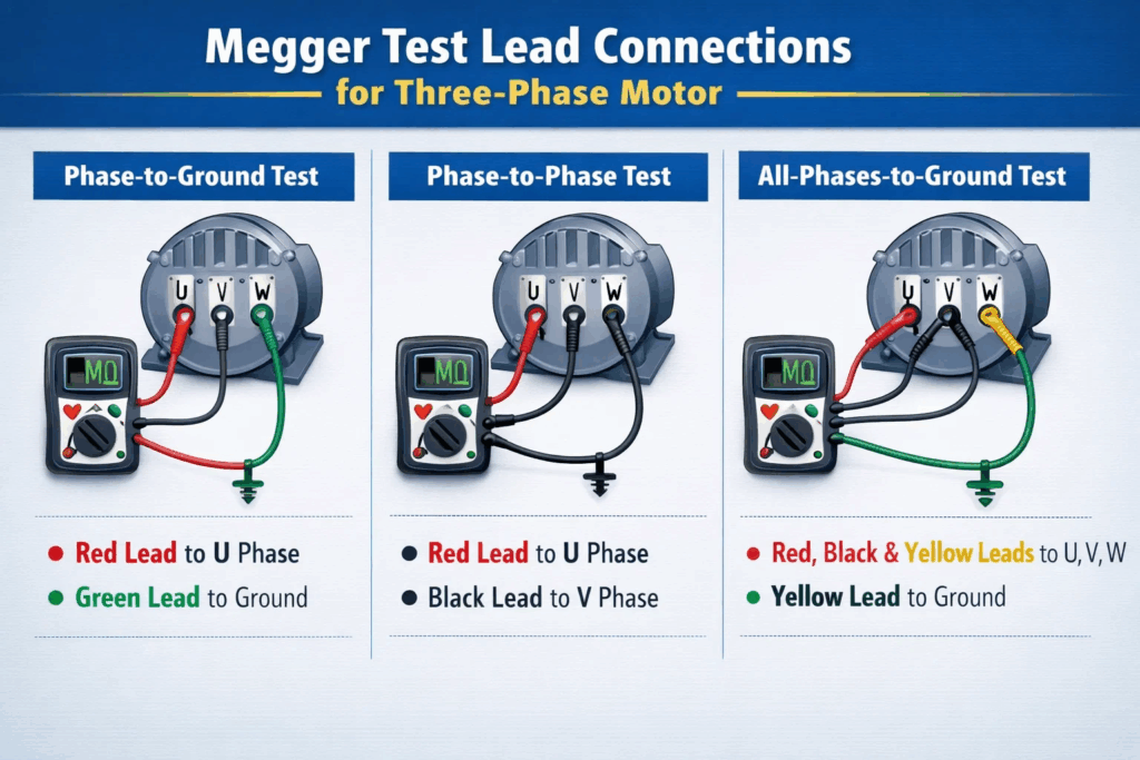  Megger test connection diagram for three-phase motor showing proper lead placement for phase-to-ground and phase-to-phase testing