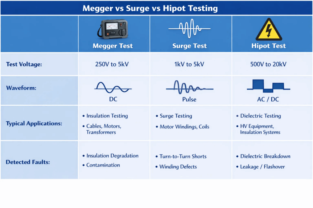 Comparison chart of Megger, Surge, and Hipot insulation testing methods showing key differences in voltage, application, and fault detection capabilities