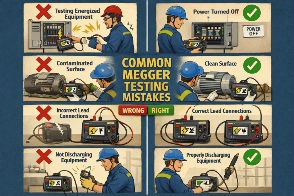 Common Megger testing mistakes to avoid showing incorrect versus correct testing procedures for accurate insulation measurements