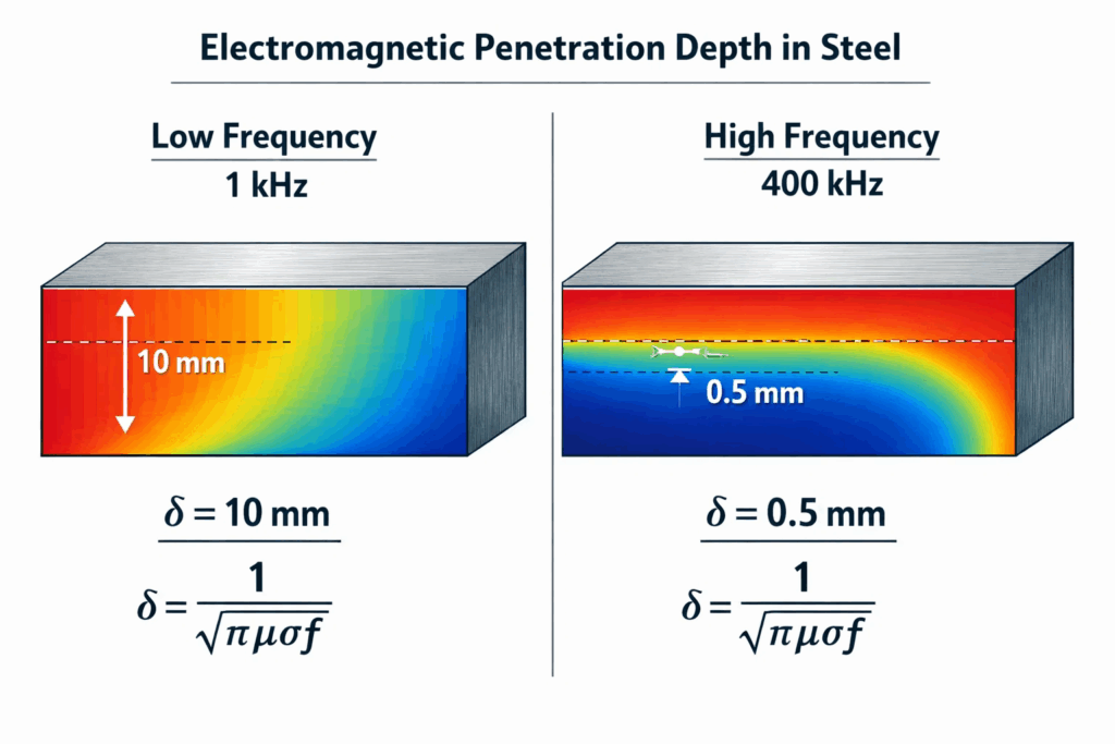 Electromagnetic penetration depth comparison showing skin effect at low frequency versus high frequency in steel workpiece cross-section