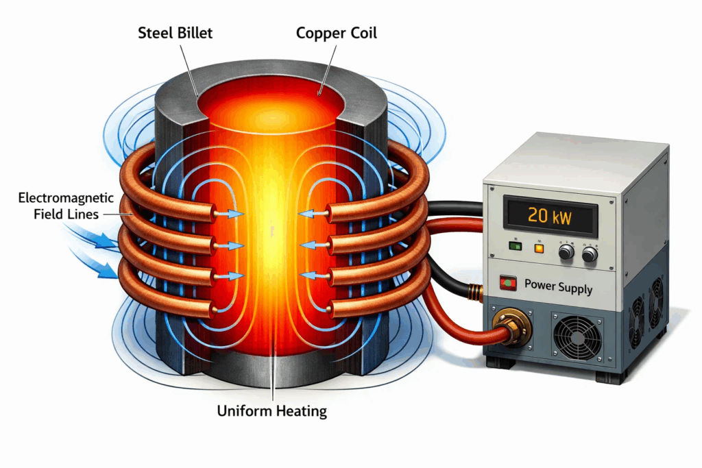 Low-frequency induction heating system diagram showing deep electromagnetic penetration and through-heating of large steel component
