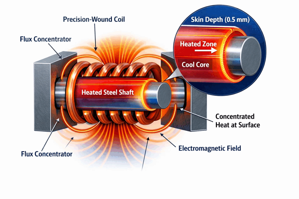 High-frequency induction heating diagram illustrating shallow skin effect and surface-concentrated heating pattern with minimal core temperature rise