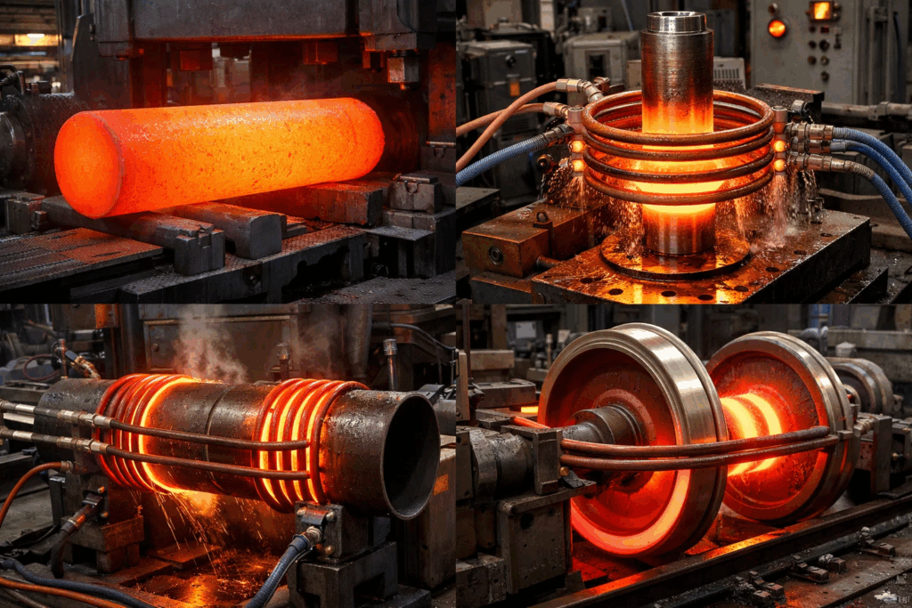 Low-frequency induction heating applications showing forging preheating, through-hardening, and large component heating processes