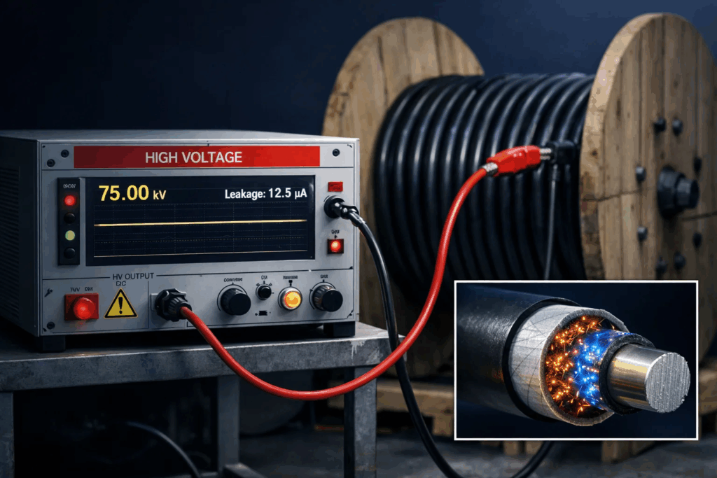 DC Hipot testing setup — DC power supply connected to power cable with steady voltage reading and leakage current measurement
