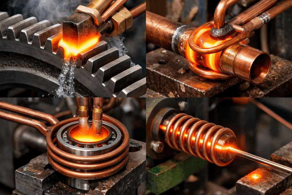 High-frequency induction heating applications including surface hardening, brazing, bearing heating, and wire annealing processes