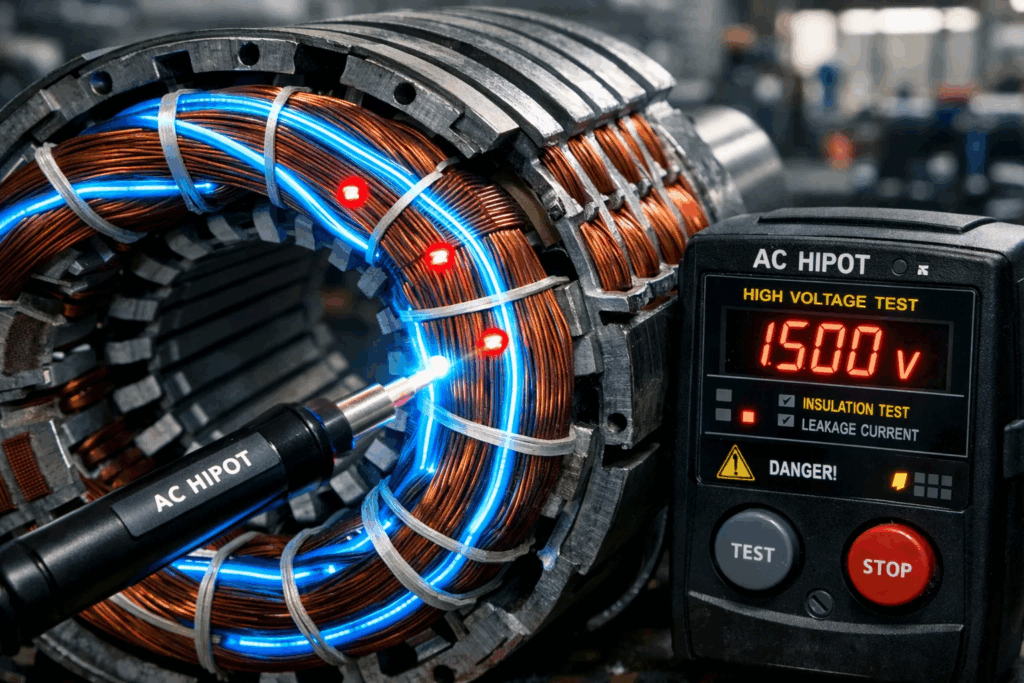 AC Hipot testing for motor winding insulation — cross-section of stator winding showing insulation layers and fault detection points