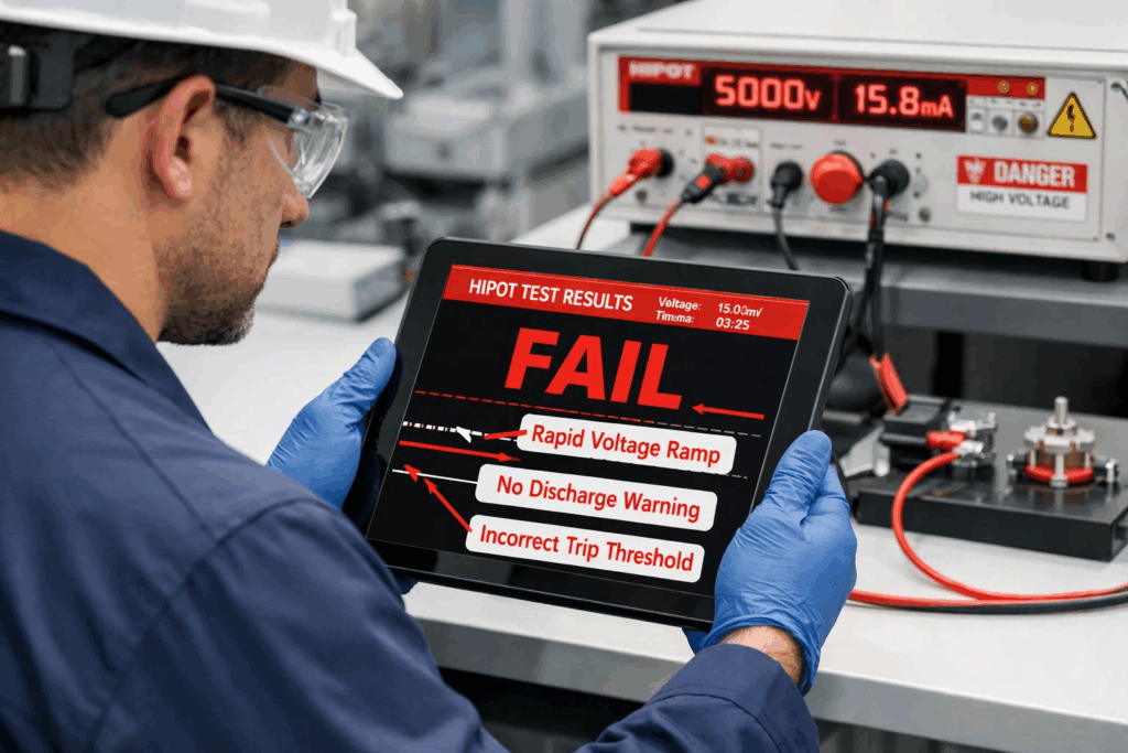 Common Hipot testing errors — technician reviewing failed test result with error annotations on tablet in electrical testing lab