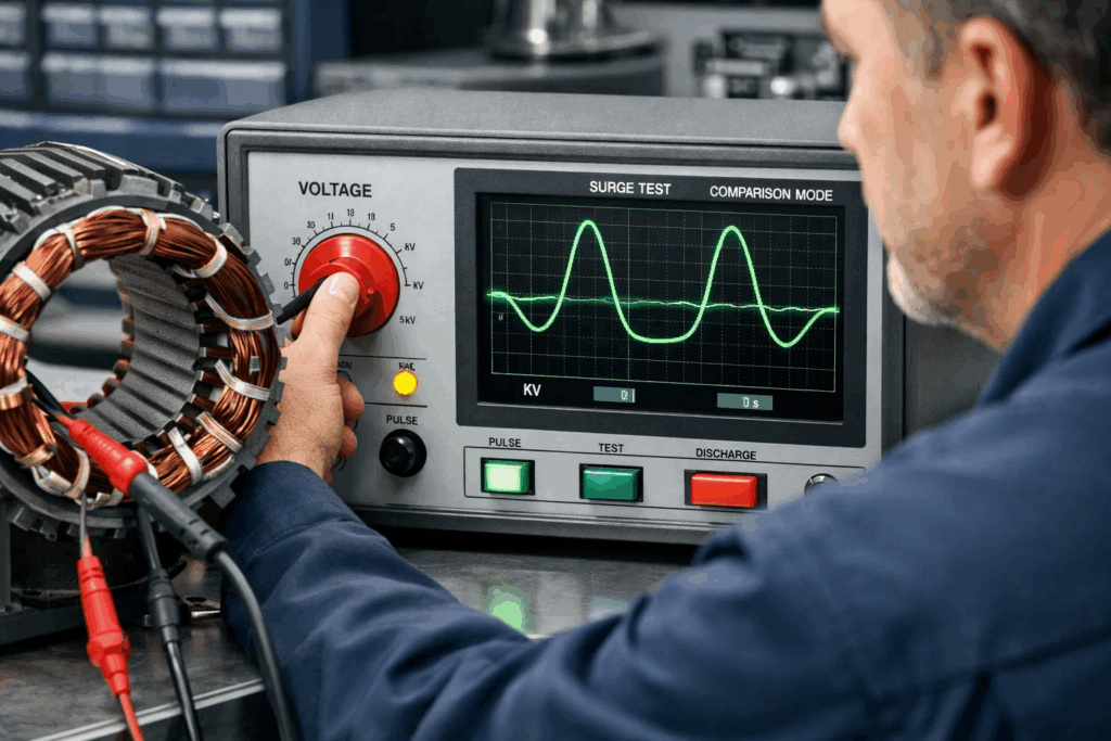 Technician operating manual surge tester with probes connected to motor windings in testing laboratory