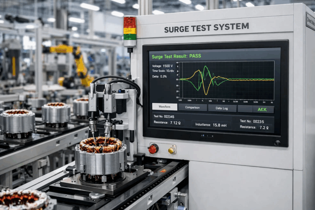 Automatic surge testing system integrated with motor production line and touchscreen interface