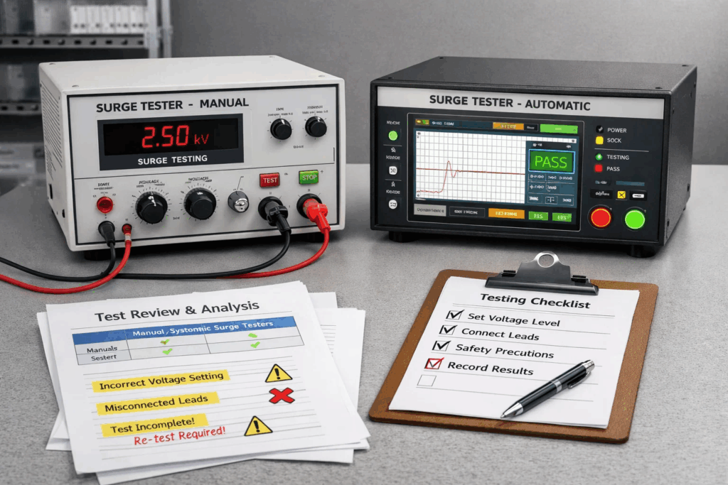 Manual and automatic surge testers with comparison documents and checklist in industrial lab