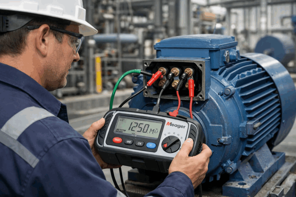 Technician performing insulation resistance test on industrial motor using Megger tester with connected leads.