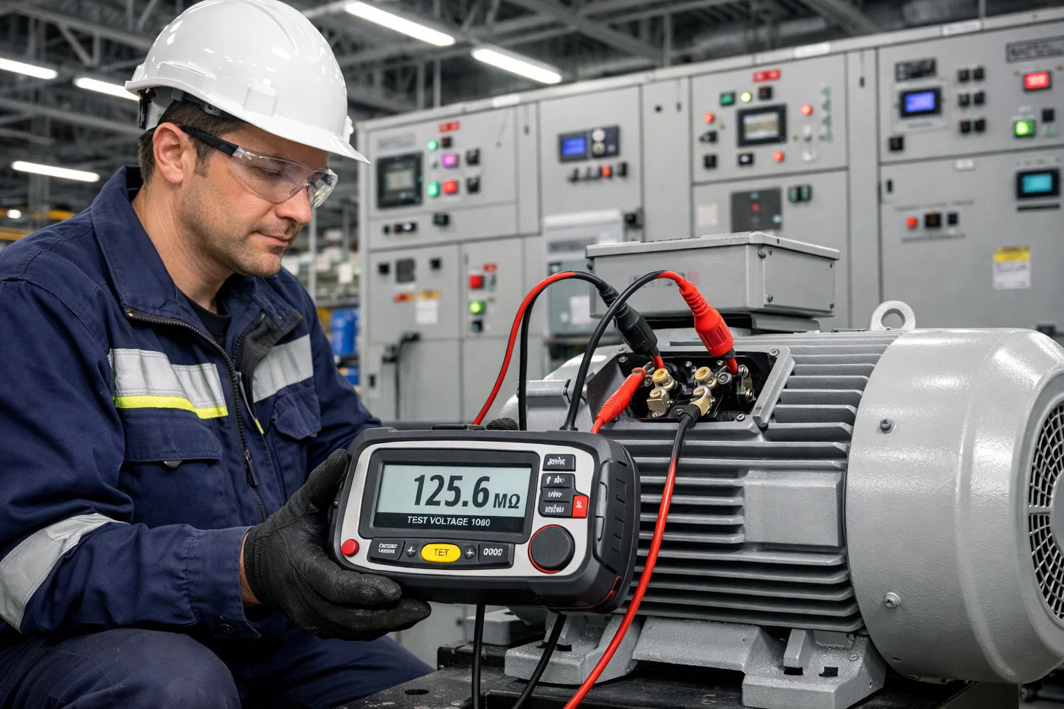Technician using megger to perform insulation resistance test on industrial electric motor in control room.