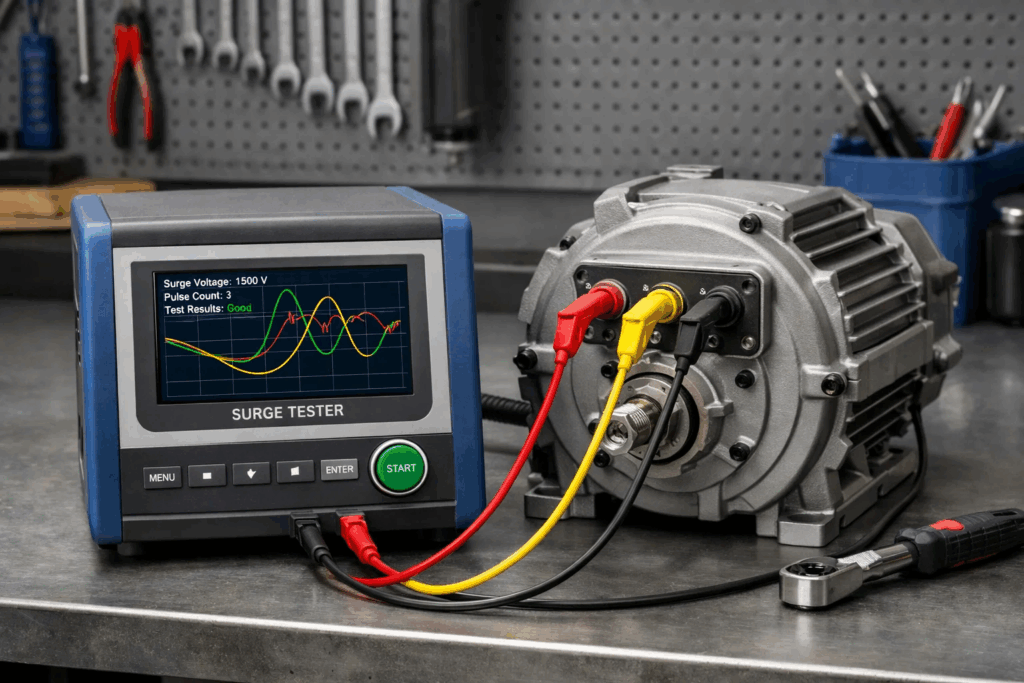 Digital surge tester connected to an electric motor for electrical winding and surge testing in an industrial workshop.