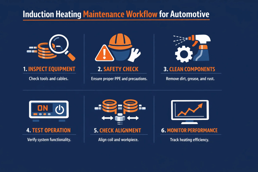 Induction heating maintenance workflow showing equipment inspection, safety checks, component cleaning, operation testing, coil alignment, and performance monitoring for automotive applications.