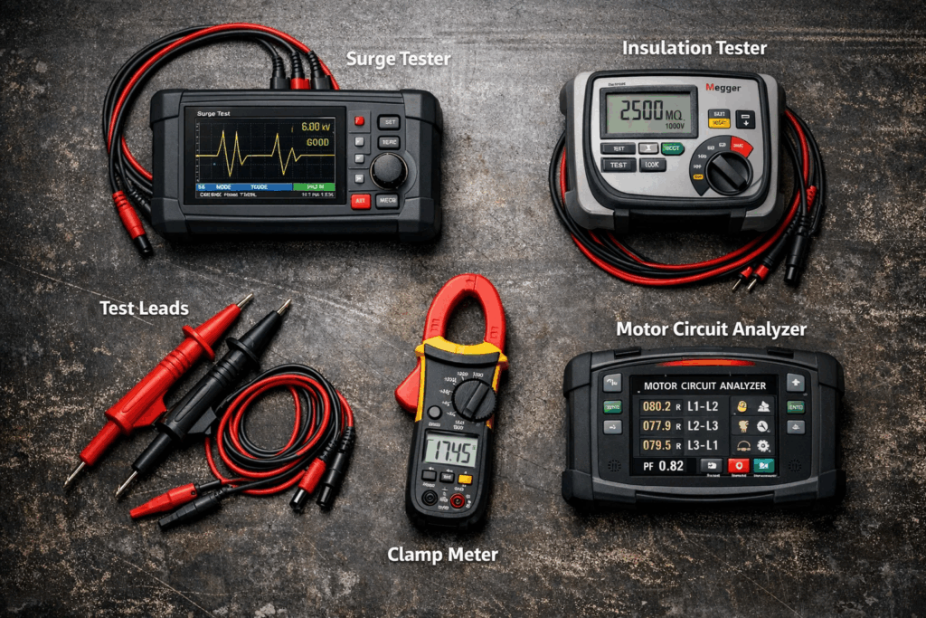 Motor diagnostic tools for predictive maintenance including surge tester, megger, and motor circuit analyser