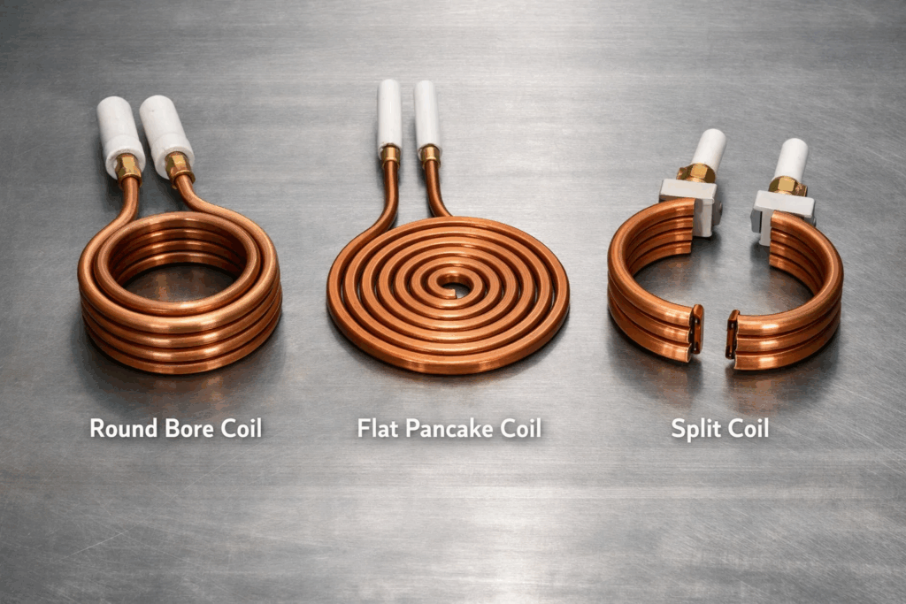 Three copper induction heating coils labeled Round Bore Coil, Flat Pancake Coil, and Split Coil, displayed on a metal surface.c