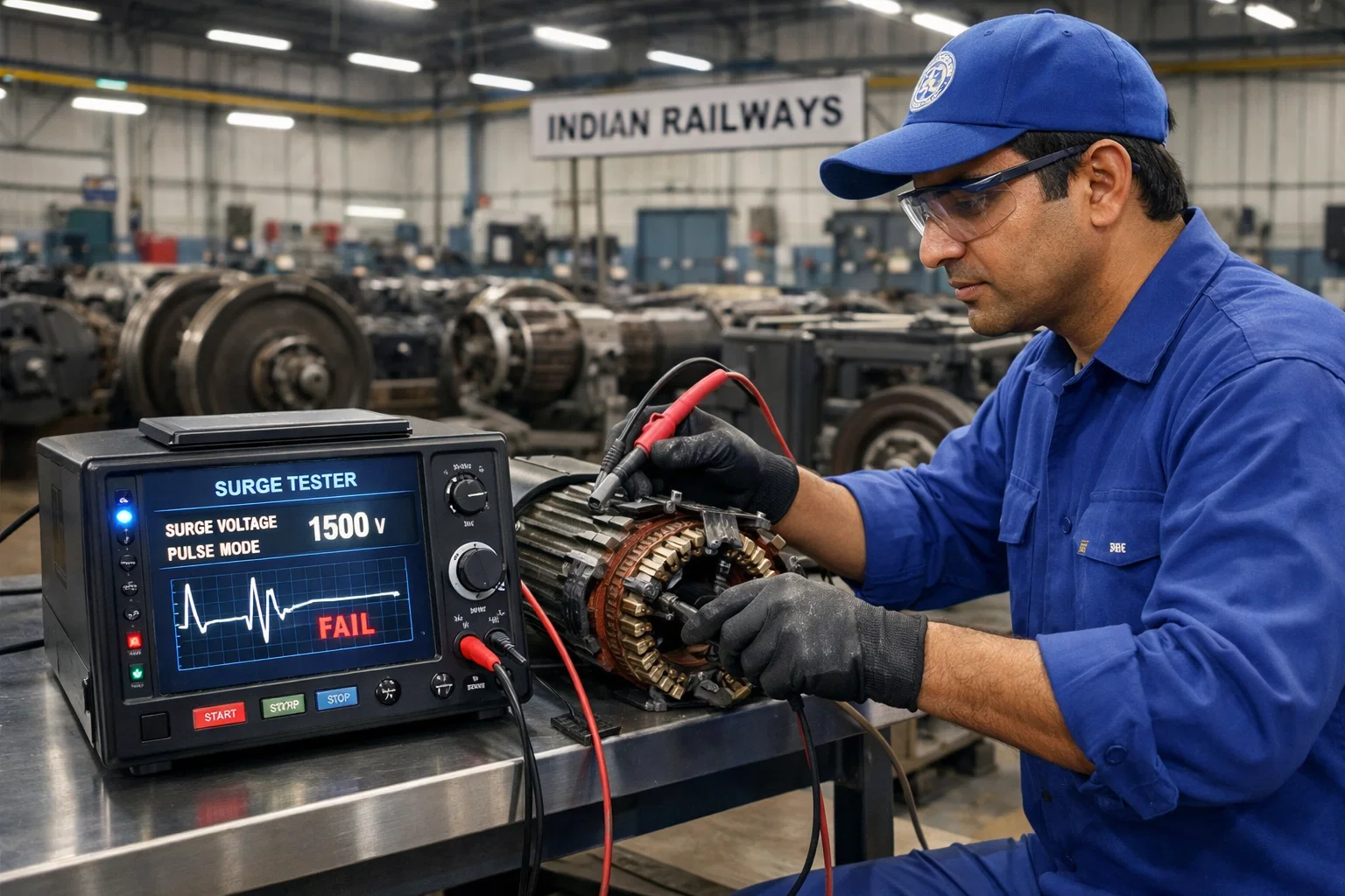 Maintenance engineer performing surge testing on Indian Railways traction motor using a digital surge tester