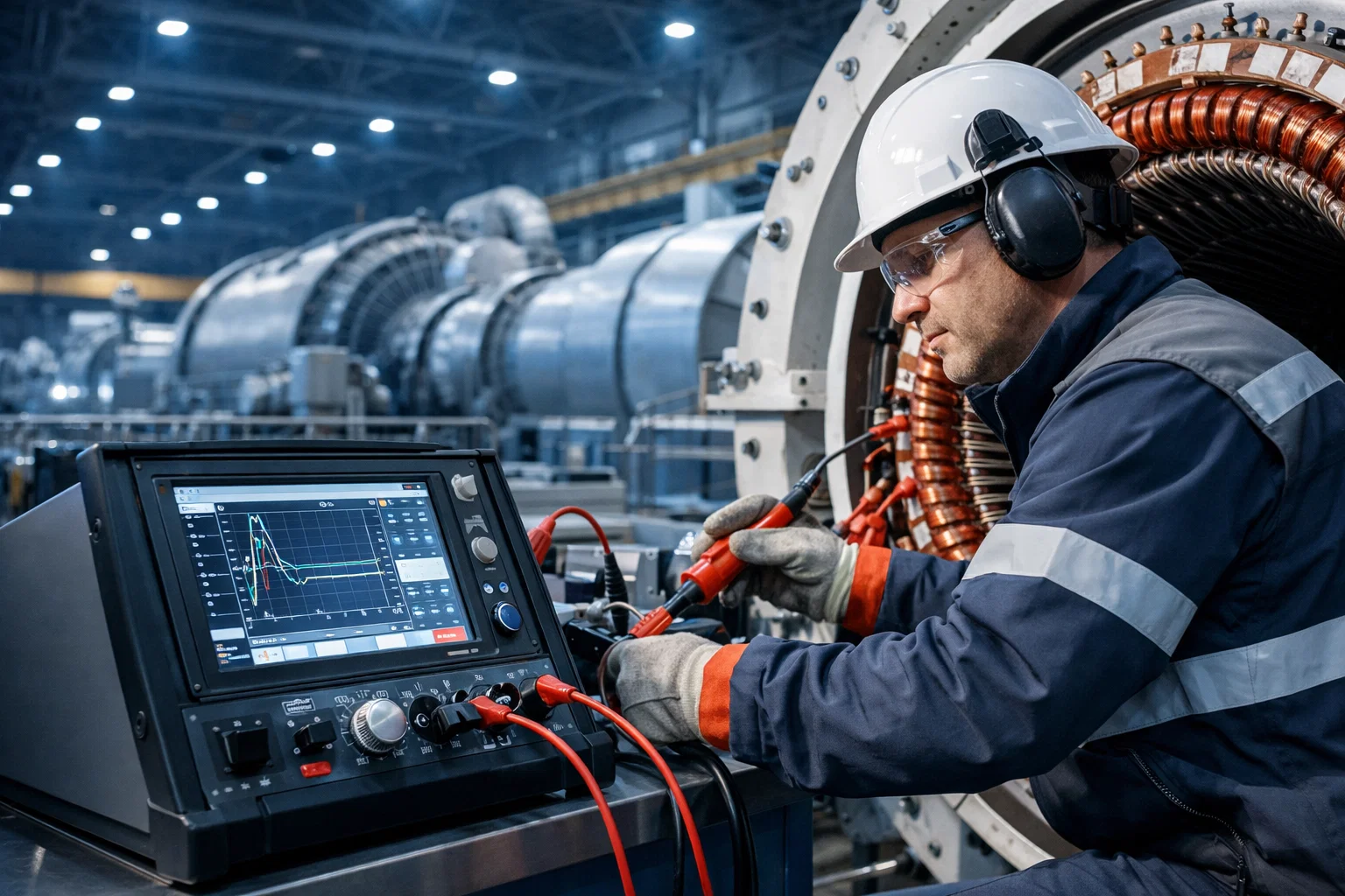 0kV surge tester for power plants being used on a large generator stator winding in a turbine hall