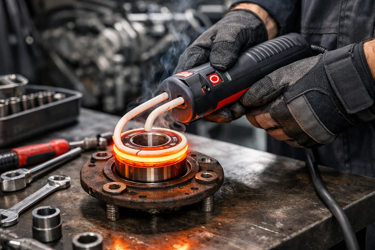 Automotive technician using an induction heater for bearing removal in a professional workshop