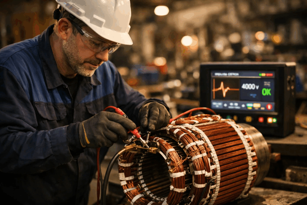 Motor repair technician connecting impulse winding tester probes to rewound stator for testing