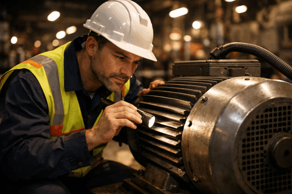 Industrial maintenance engineer inspecting electric motor on factory floor