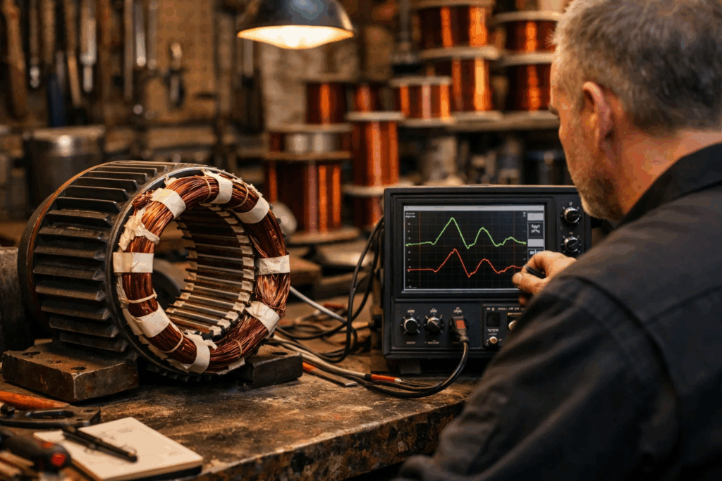 Motor winding repair workshop with technician reviewing surge test waveform results on screen