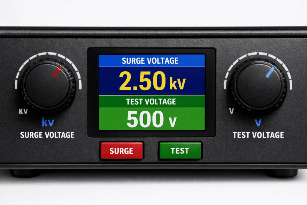 Digital surge tester front panel showing surge voltage and test voltage adjustment controls