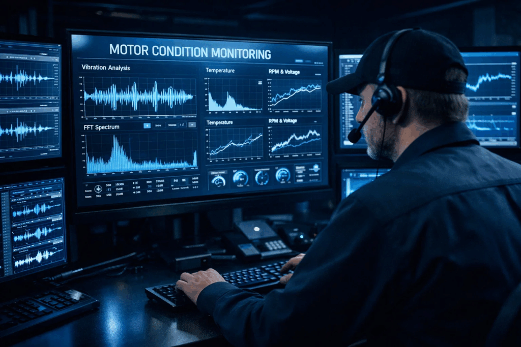 Technician monitoring predictive motor condition data on industrial control room screens