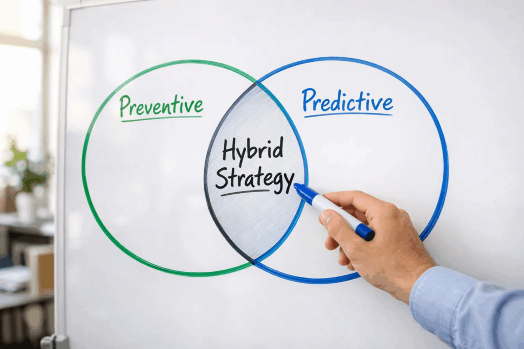 Whiteboard diagram showing hybrid preventive and predictive motor maintenance strategy