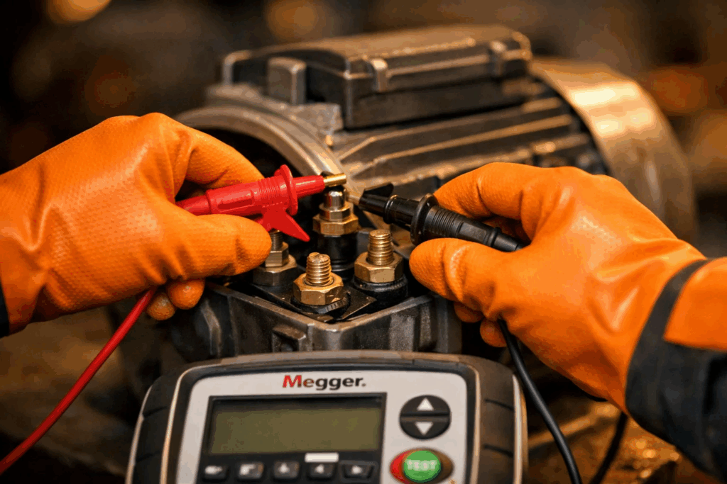 Technician performing insulation resistance Megger test on industrial motor terminals