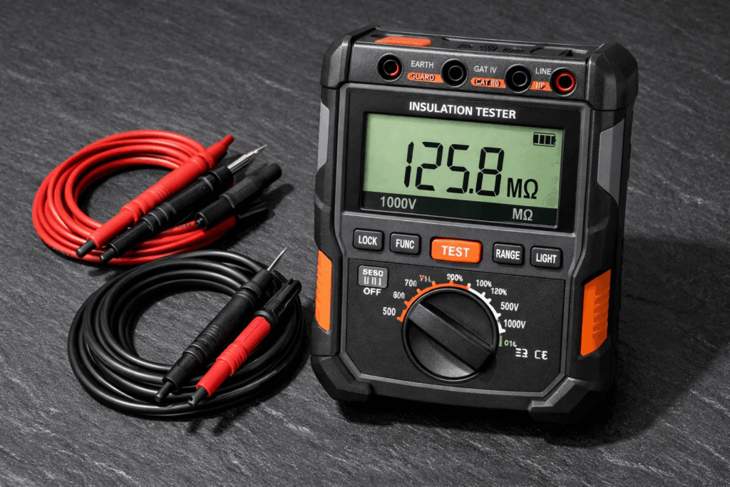  Digital megger insulation resistance tester showing motor winding test reading