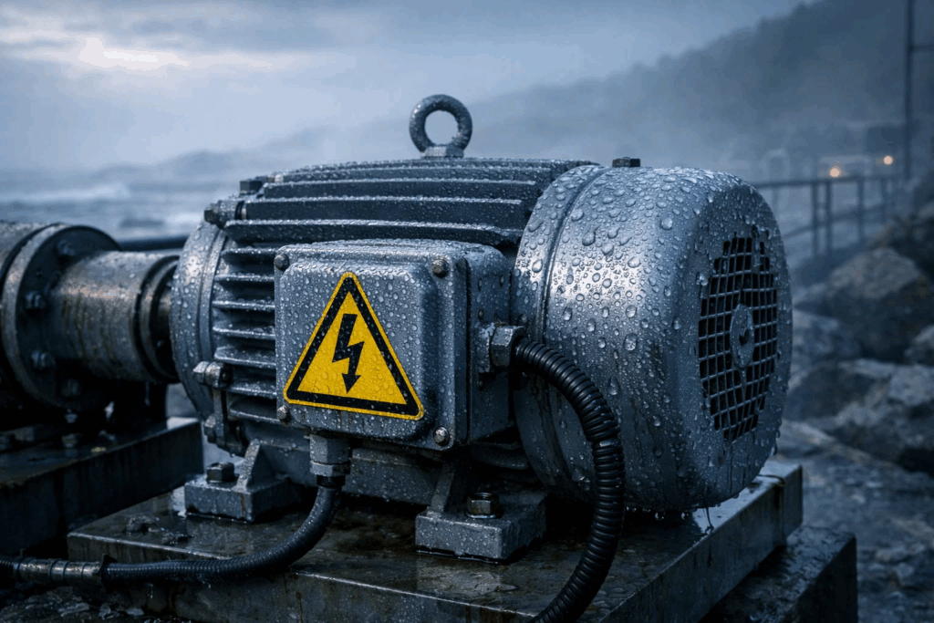 Industrial motor in high-humidity coastal environment requiring increased insulation testing frequency