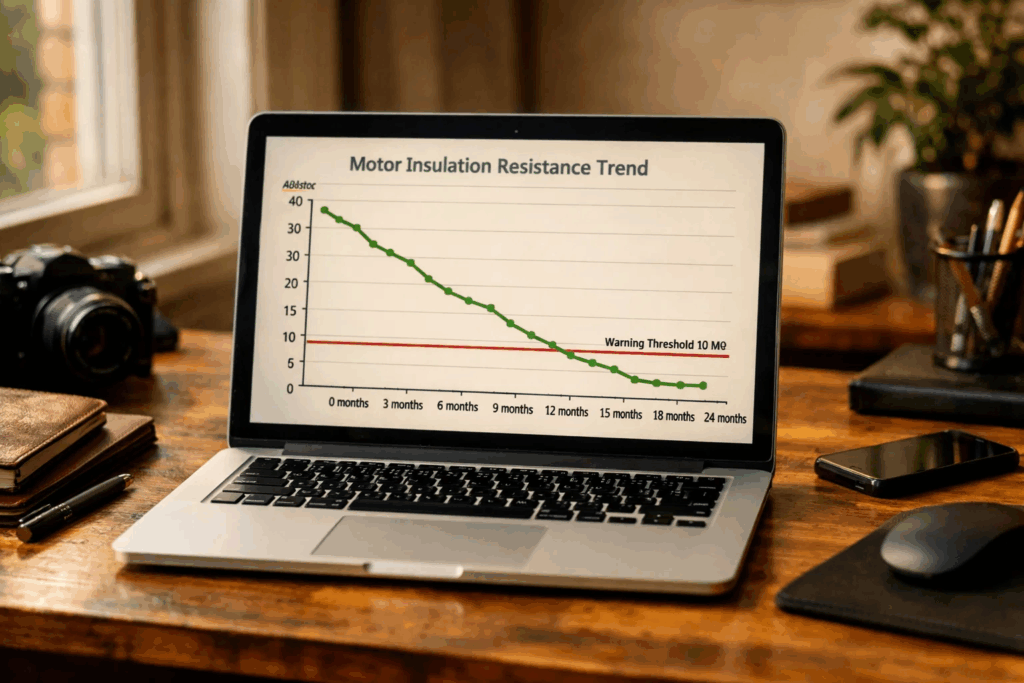 Laptop displaying motor insulation resistance trend graph declining toward failure threshold
