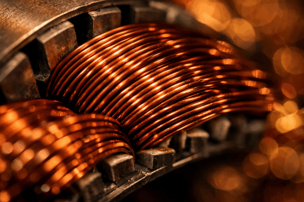 Close-up macro view of copper winding coils inside electric motor stator showing enamel insulation
