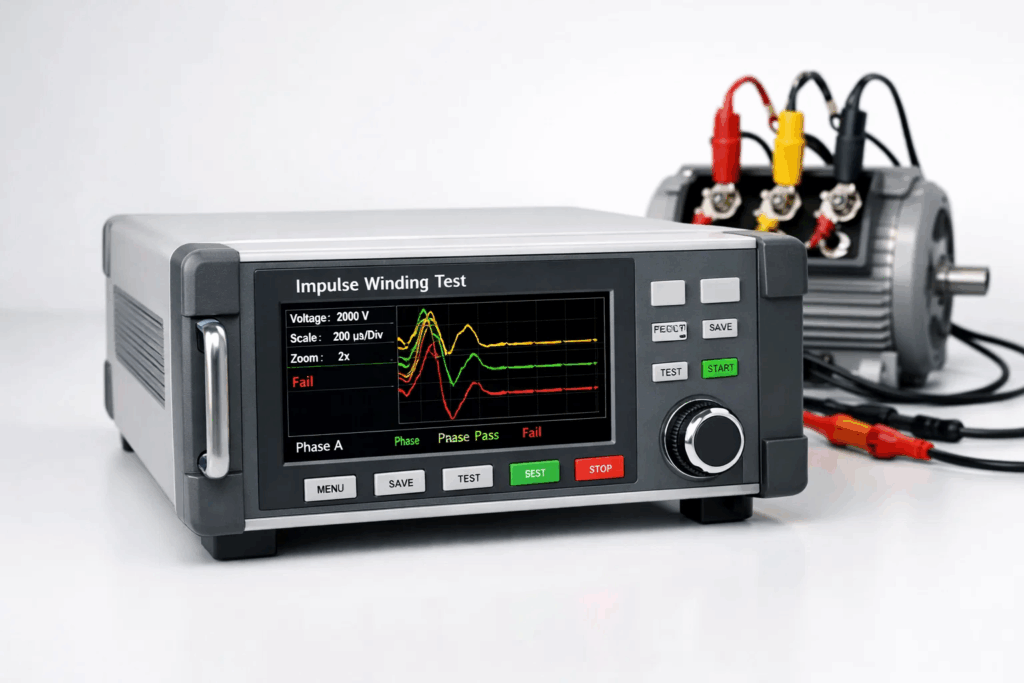 Digital impulse winding tester displaying three-phase waveform comparison on TFT screen