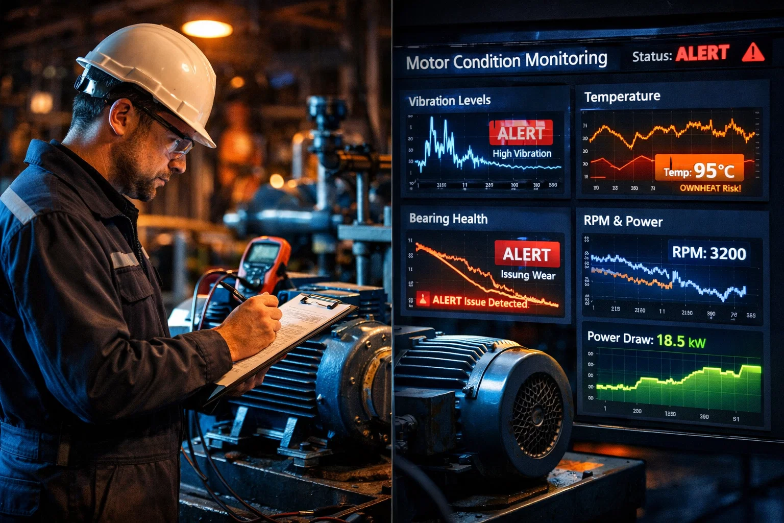 Preventive vs predictive motor testing strategy comparison — technician on factory floor vs digital condition monitoring dashboard