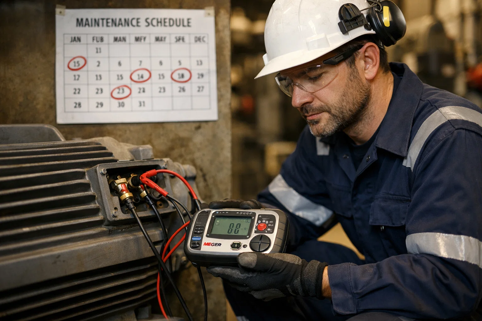 Maintenance technician performing motor insulation resistance test with Megger tester and maintenance schedule calendar in background