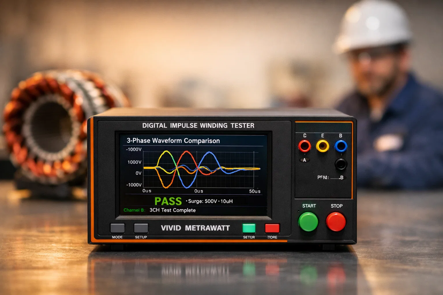 Digital impulse winding tester displaying three-phase waveform comparison used for motor turn-to-turn insulation testing